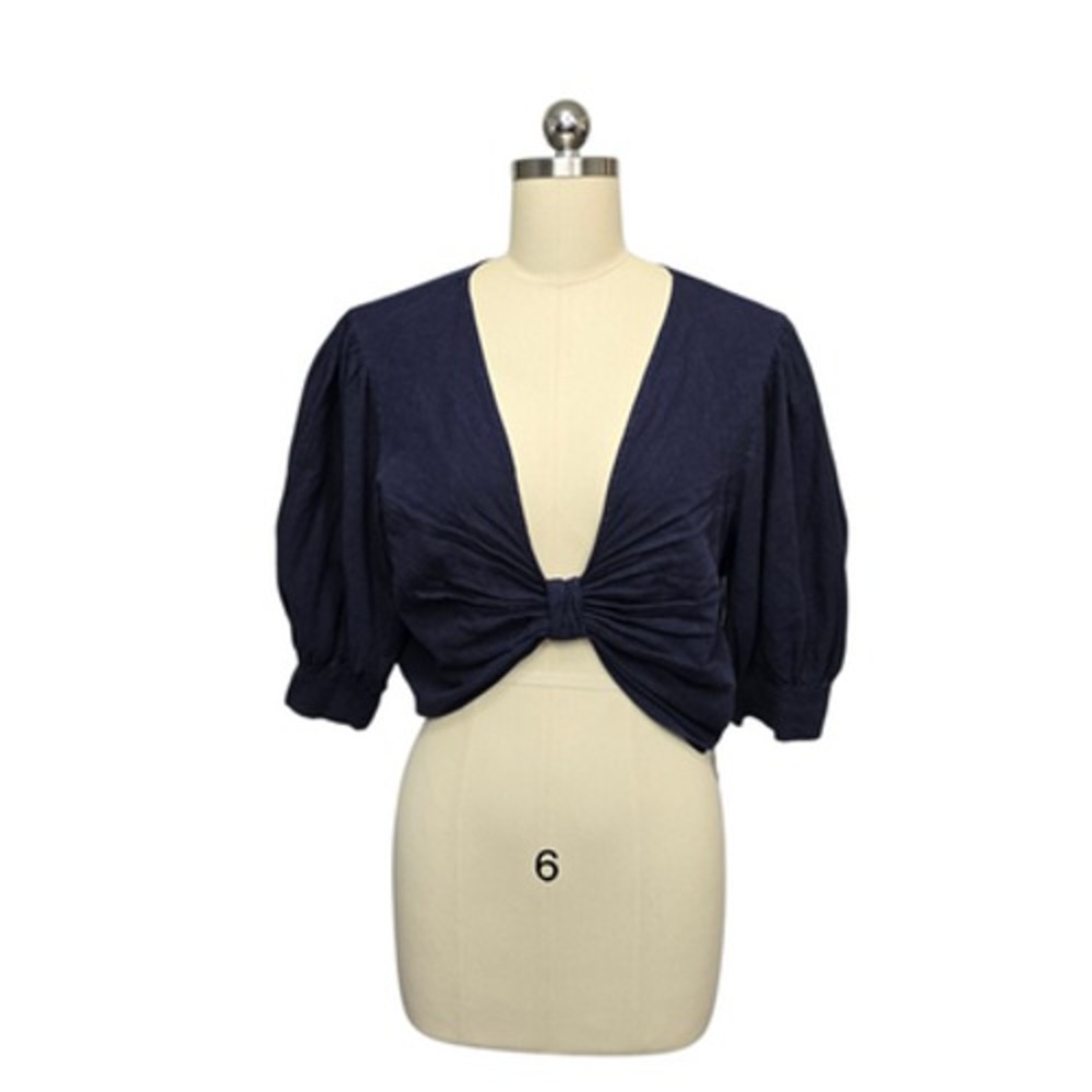 Young Fabulous & Broke Shirt Womens Medium Navy Knot‎ Front Cropped Puff Sleeve